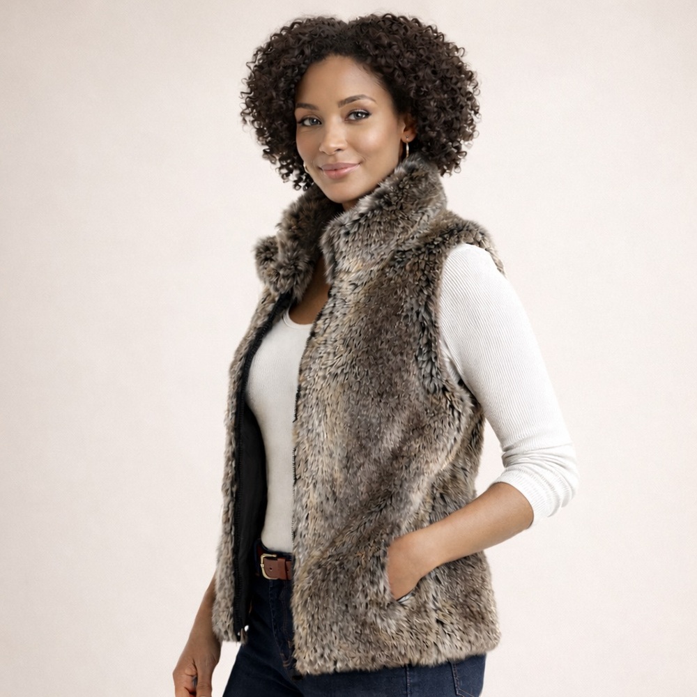 Lisa‎ International Faux Fur Vest Brown Size 1X Plush Zip Front Winter Layering